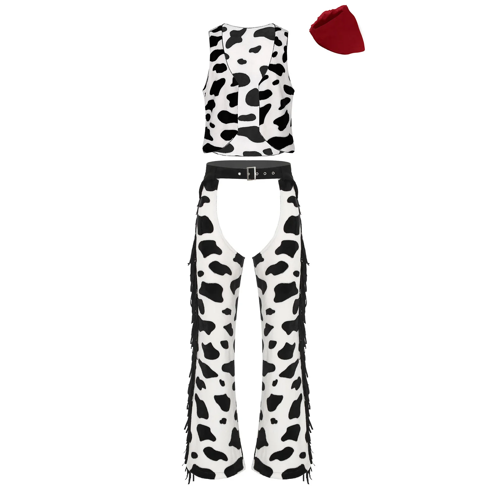 Mens Retro Western Cowboy Cosplay Costume Cow Print Flannel Vest Open Crotch Biking Riding Cowgirl Chaps Pants Halloween Outfit view 2