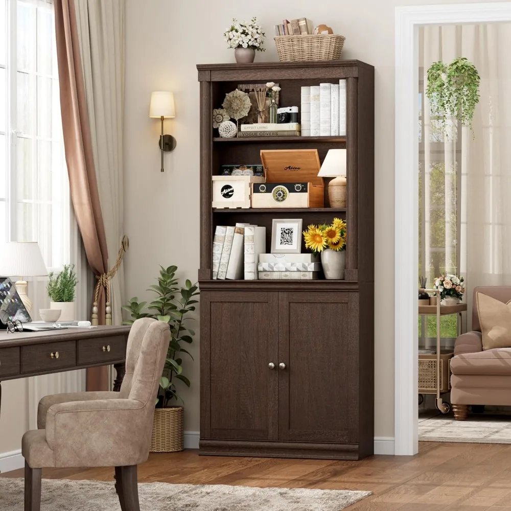 71.3 Tall Bookcase with Doors, 5 Shelf Bookcase Storage Cabinet & File Cabinet, Farmhouse Wood Bookshelf