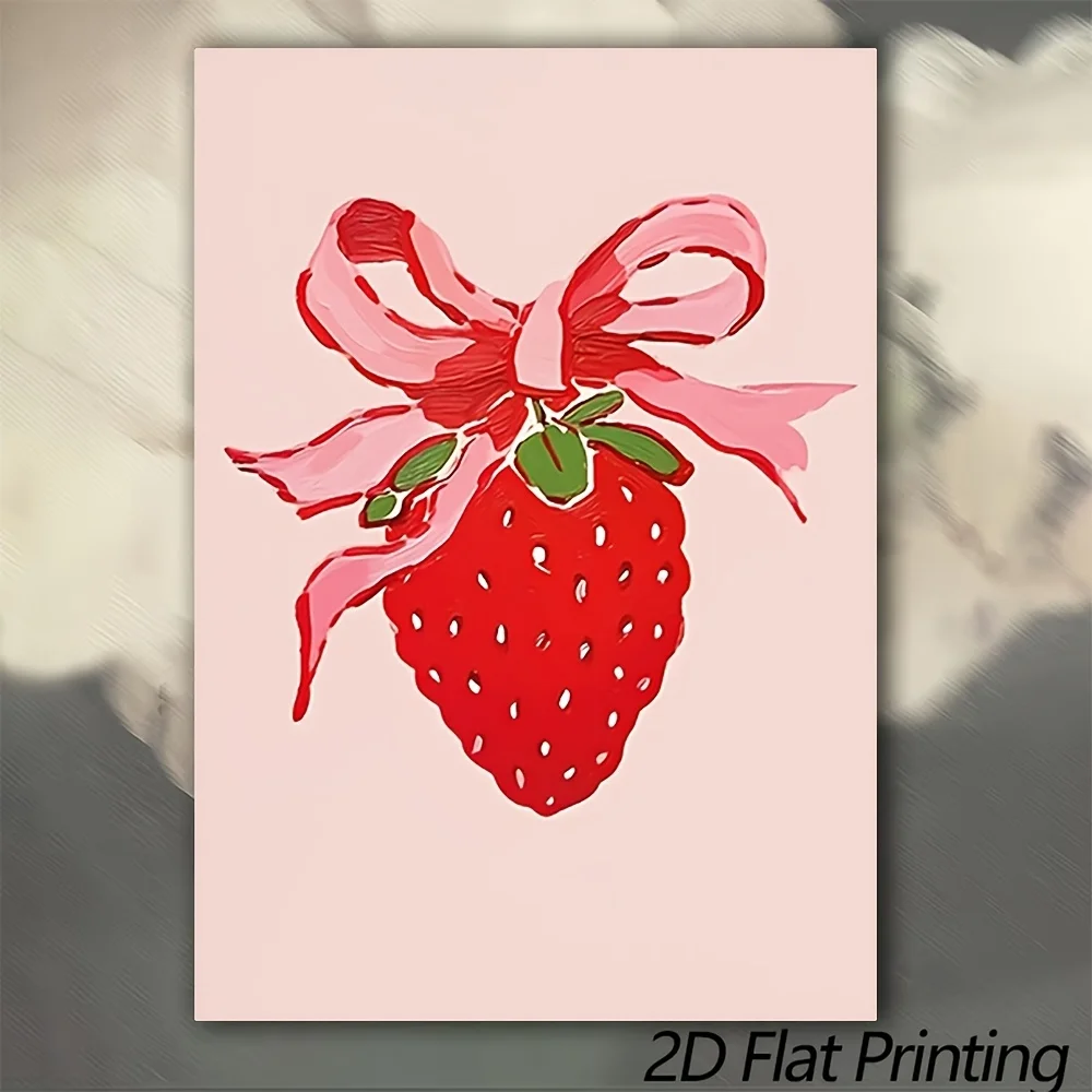 (No frame)2D Flat, 2D Flat, 1pc Canvas Painting, Cute Red Strawberry with Pink Bow Art Print, Minimalist Pink Background Wall