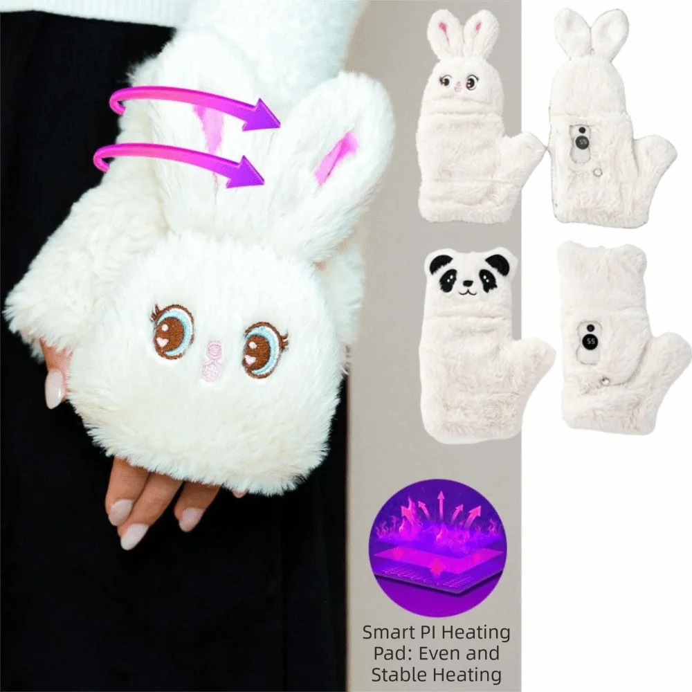 Dual-sided Heating Rechargeable Heated Gloves Intelligent Temperature Control No Glove Removal Cartoon Plush Hand Warmer 2in1