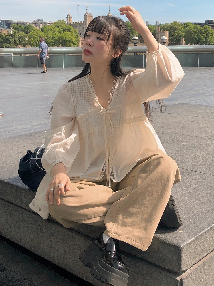 

Lace ort Svel Korean Sle Women's Top Sweet Ruffle Patchwork Loose Long Sve V-Ne Babydoll Open Cardigan