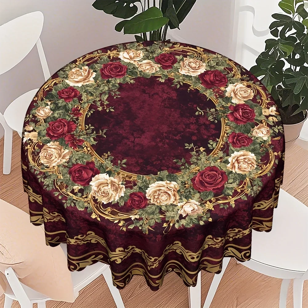One elegant red gold French Rococo tablecloth, adorned with intricate floral patterns -