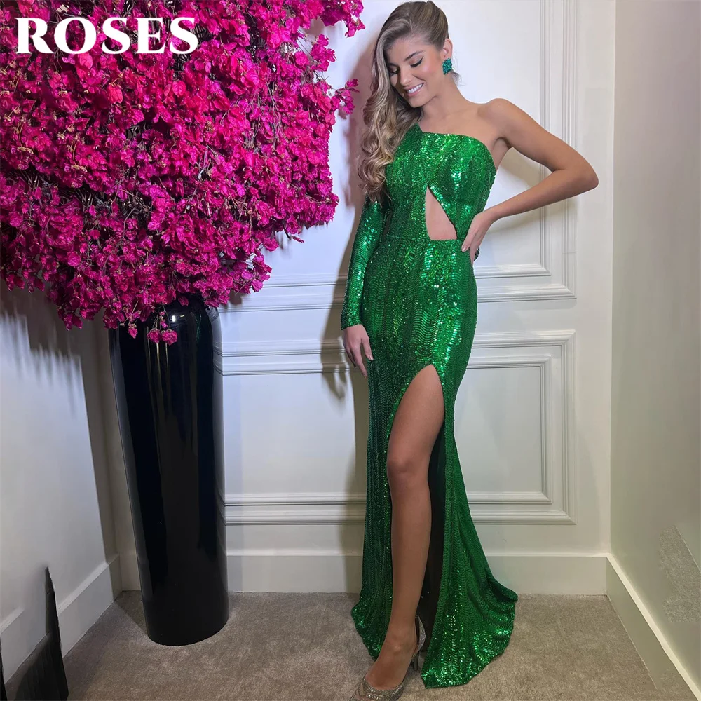 

ROSES Green Mermaid Sexy Formal Dress Sequin Party Dress For Wedding One Shoulder Special Occasion Dress With Split robe soirée