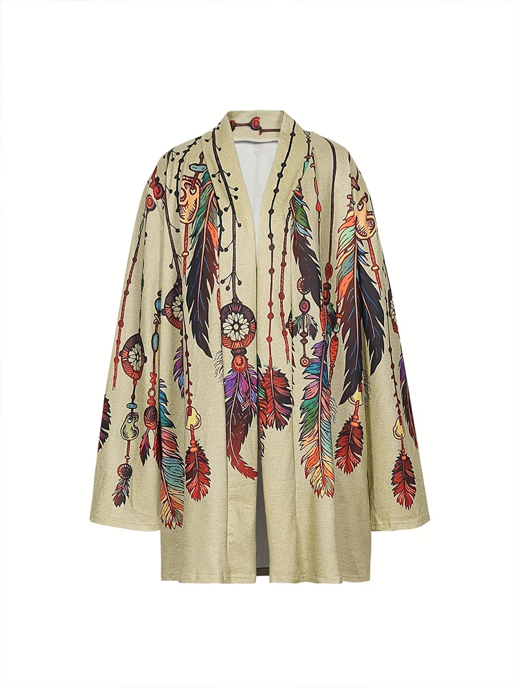 Plus Size 2024 Autumn New Women\'s Fashion Long Sleeve Retro Feather Print Jacket Cardigan Casual Loose