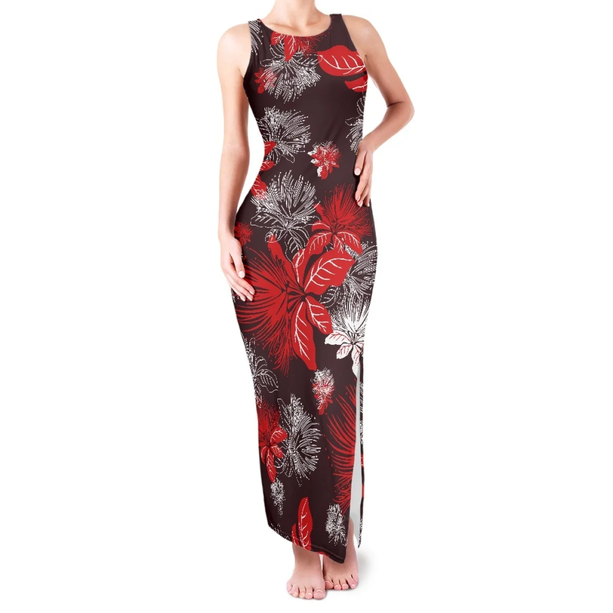 

Summer Women Bodycon Tank Sleeveless Slit Maxi Dresses Polynesian Tribal Clothing Hawaii Samoa Ohia Lehua Print For Party 2023