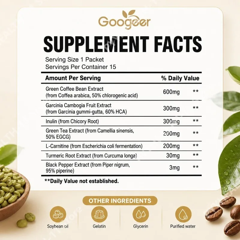 Googeer Green Coffee Bean Extract Powder with Garcinia Cambogia and Inulin for Metabolic Support Energy Conversion 15 Packets