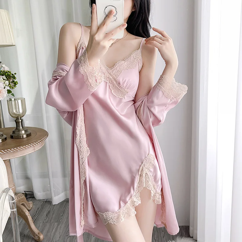 Two Sets Of Ice Silk Pajamas Female New Spring And Fall Long-sleeved Robe Summer Comfortable Sexy Lace Halter Nightgowns