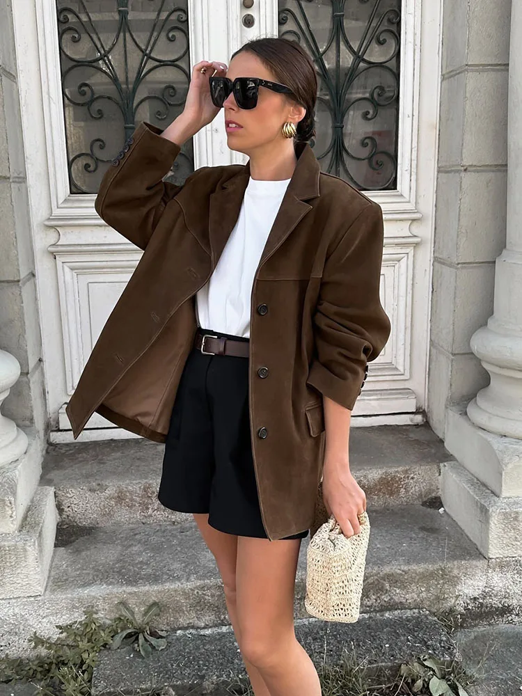 Suede Vintage Woman Jacket Lapel Single Breasted Pocket Casual Long Sleeve Short Coat 2024 Ladies Autumn High Street Outwear