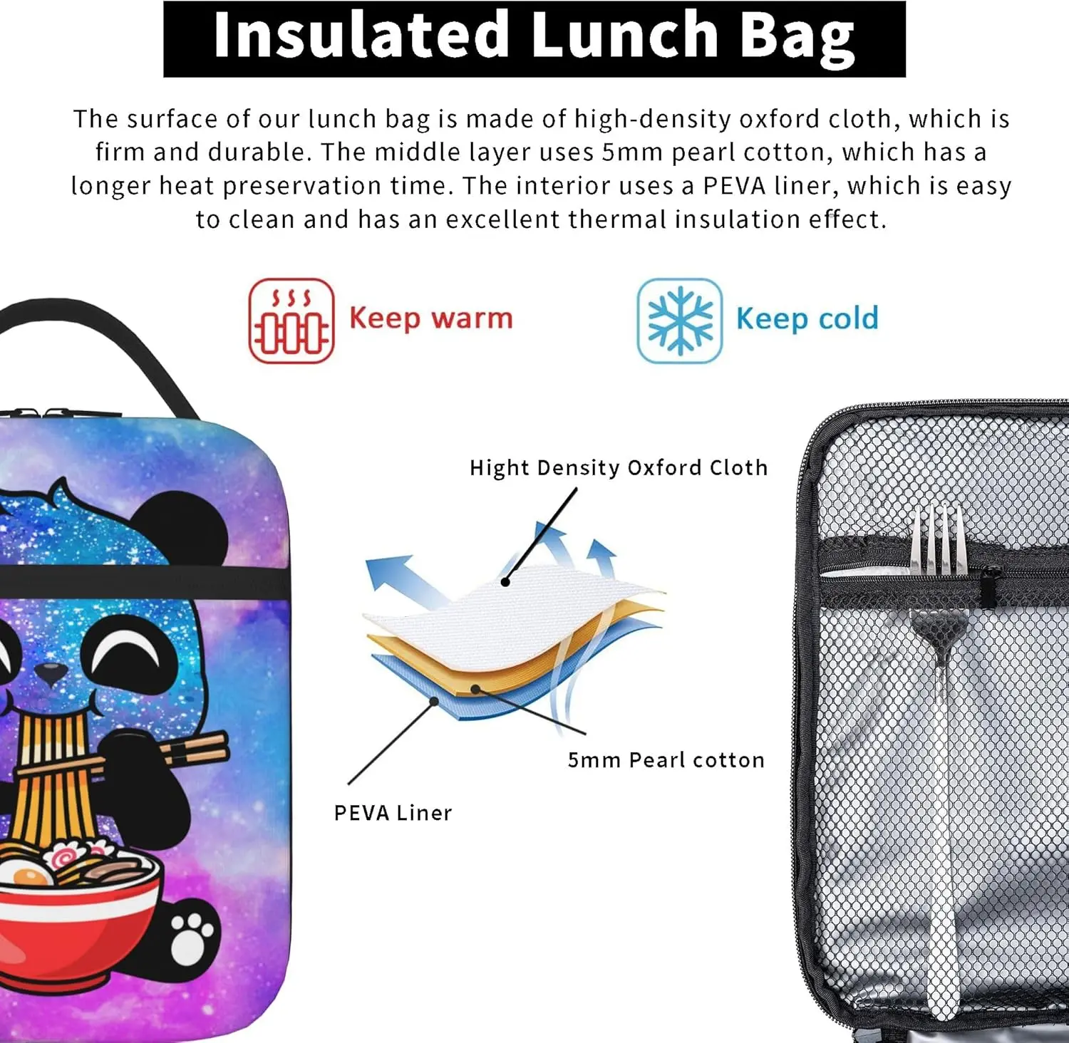Fiambrera Galaxy Pandas para niñas, bolsa de almuerzo con aislamiento Kawaii para niños con diseño de té Boba y fideos, bonita fiambrera Pandas