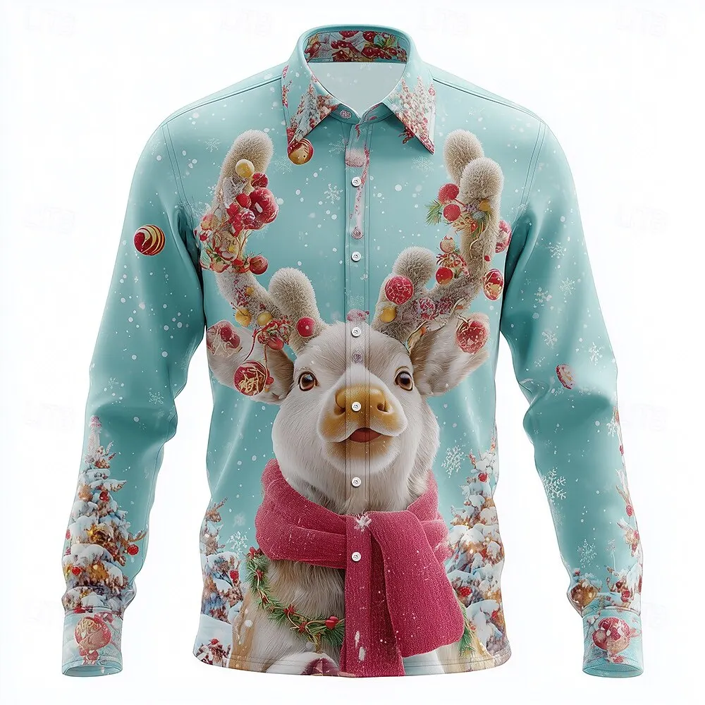 Christmas Men's Animal Cat Santa Hat Shirt Button-Up Shirt Long Sleeve Fun Outdoor Holiday Spring Autumn Lapel 3D Men's clothing