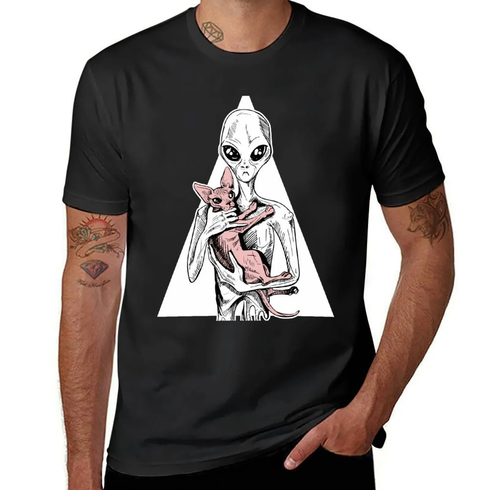 

Alien with sphynx cat T-Shirt vintage clothes anime clothes Short sleeve tee kawaii clothes black t shirts for men