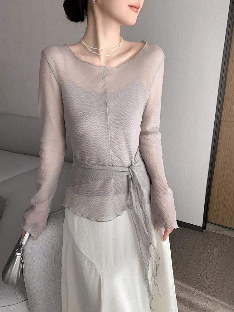 

SUSUS Grey Mesh round Neck Long Sleeve Women's Top with Belt Summer 2026 Fashion Base Layer Strap Set New Arrival