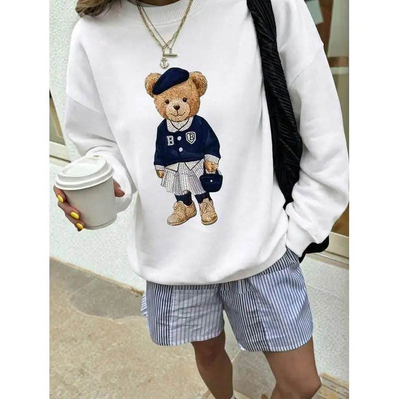 Cute College Style Bear Graphic Pullover Sweatshirt, Long Sleeve Ribbed Crew Neck Knit Fabric, Casual White