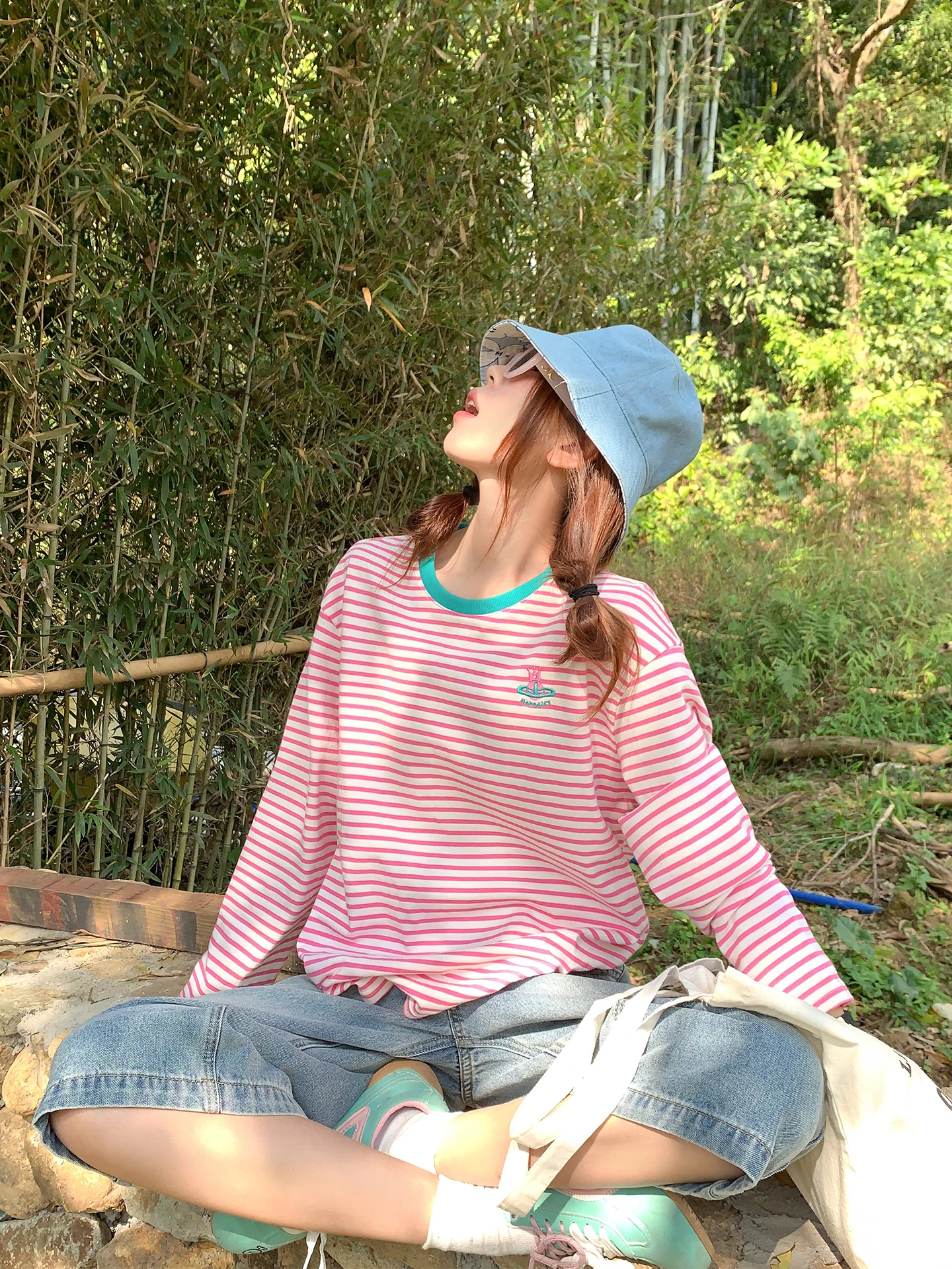 

Свободная женская футболка с длинным рукавом и круглым вырезом в полоску, корейский стиль, весенняя новинка, антивозрастная, розового цвета, для повседневной носки, модная