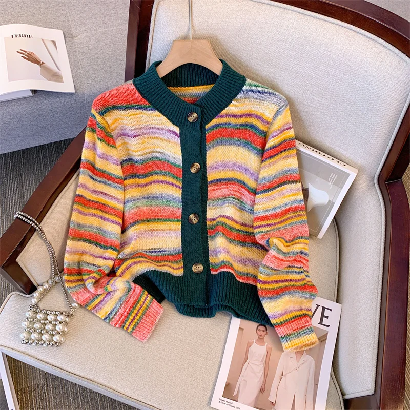 

Women Rainbow Striped Cardigan Sweater Korean Style Long Sleeves Cashmere Sweater Vintage Knitwear Y2k 2000s Clothes Autumn 2025