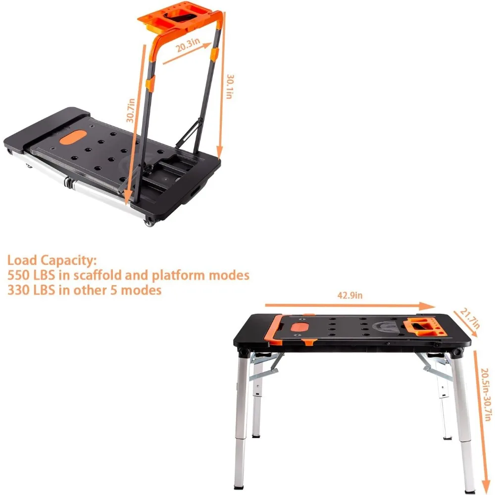 Multifunctional Foldable 7-in-1 Portable Workbench with Wheels - Work Platform, Scaffold, Dolly, Sawhorse, Car Creeper, and More