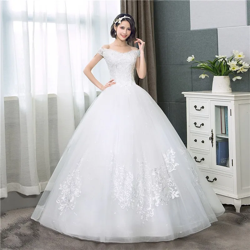 Embroidery Lace Wedding Dress New Fashion Simple Boat Neck Off the Shoulder Dream Bride Gown Real Photo vestido de noiva 1804C