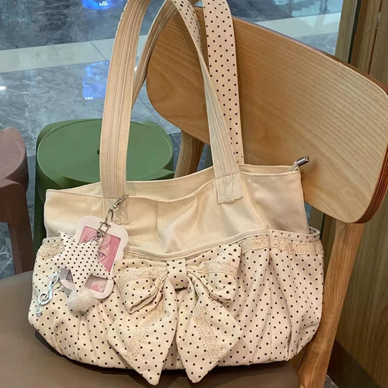 High-quality Polka Dot Shoulder Bag Casual, Practical, Large-capacity Commuter Bag With Zipper Bow Lace Elegant Canvas Tote Bag