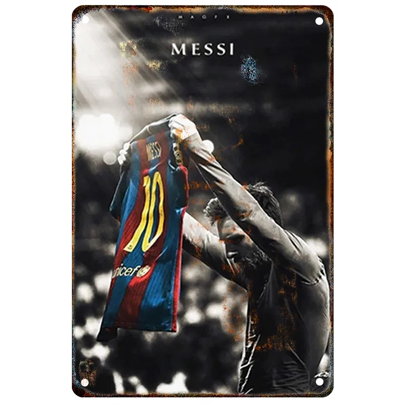 ฟุตบอลStar Messi Retroโปสเตอร์Wall Artแผ่นเหล็กภาพวาดFrameless Roomตกแต่งบ้านฟุตบอลคลับพัดลมคอลเลกชันของขวัญ