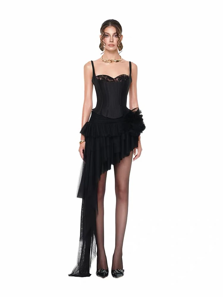 Women Irregular Skirt Two Piece Set Sexy Strap Fishbone Lace Top + Flower Asymmetrical Slim Skirt Suits Evening Cocktail Set