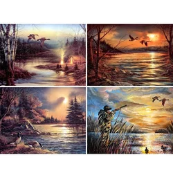 Sunset Lake Landscape Art 5D DIY Diamond Painting By Numbers Kits Duck Hunting Diamond Mosaic Embroidery Cross Stitch Home Decor