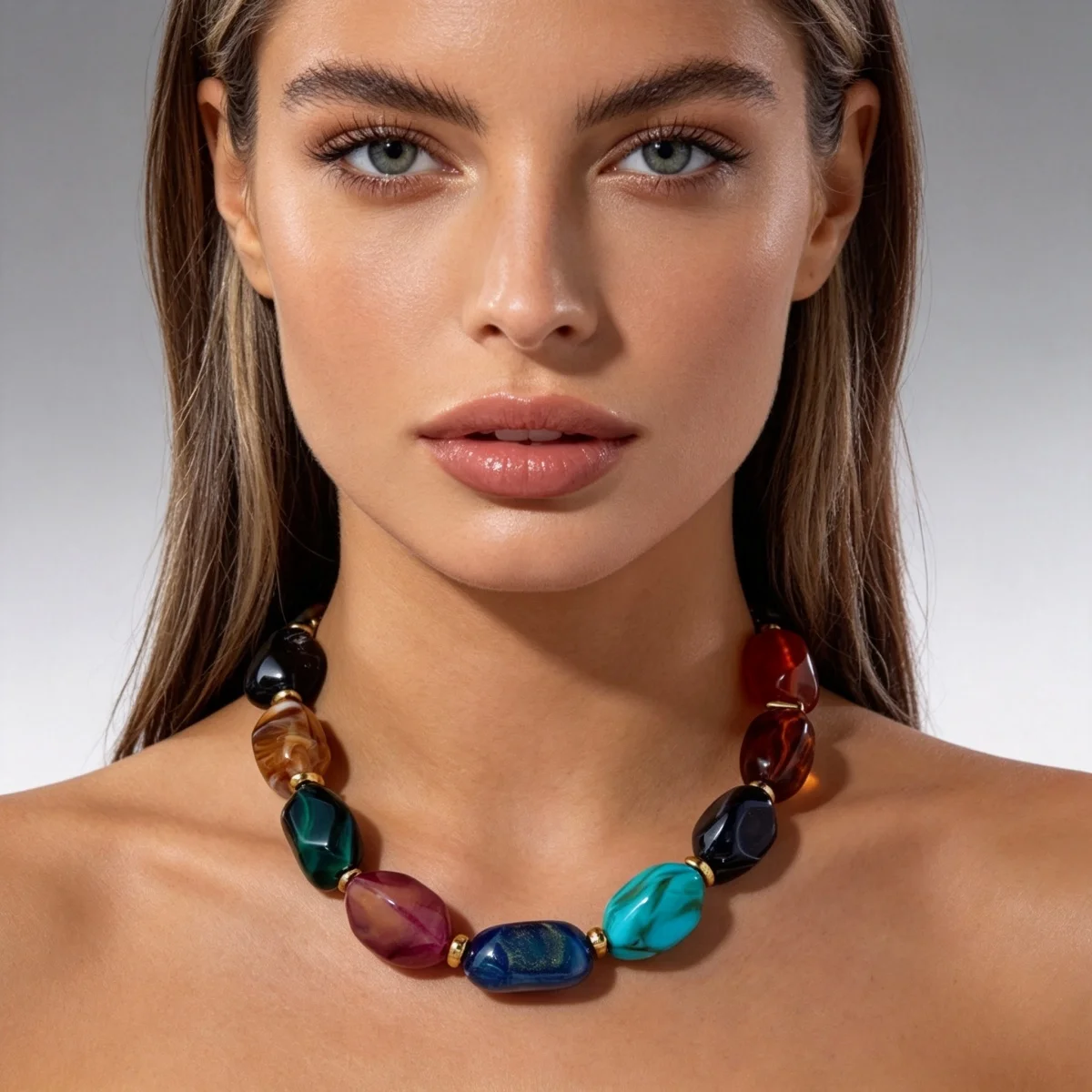 Klobige Unregelmäßige Acryl-Perlenkette für Damen und Herren, Bunte Imitations-Natursteinperlen-Halskette, Vintage-Punk-Schmuck – Detail 13