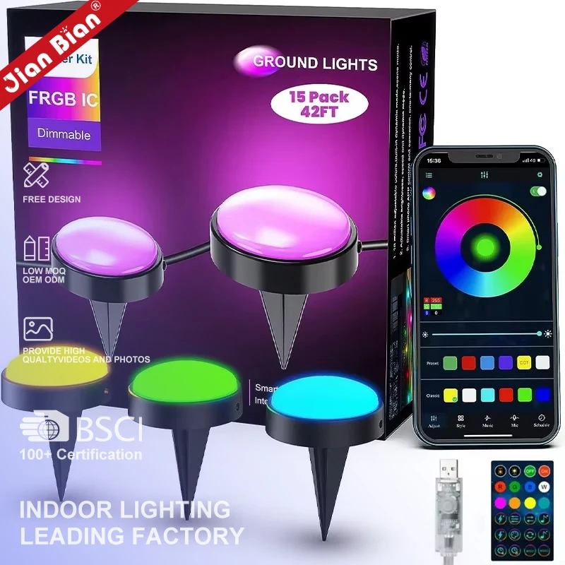 Novas luzes LED montadas no solo com WiFi para visualização de gramados, jardins de acampamento ao ar livre e luzes de gramado para pátios