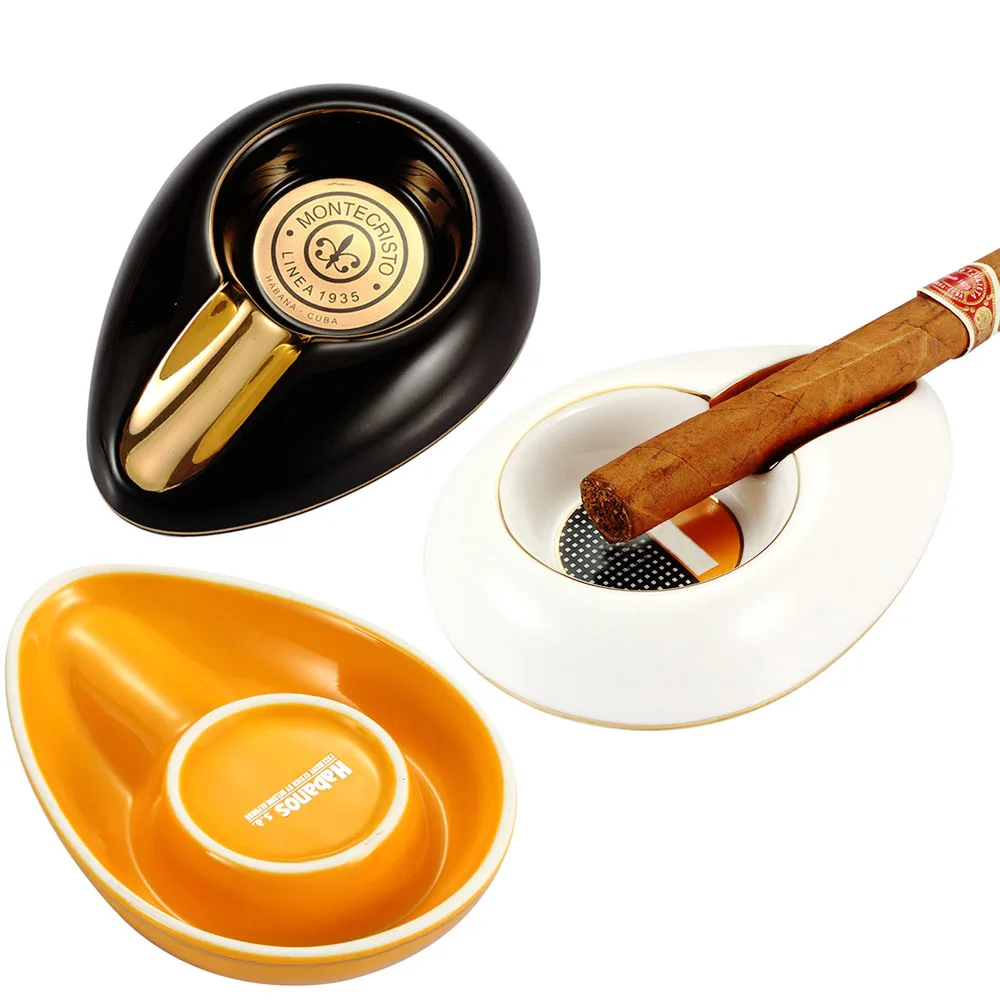 Portable Ceramic Cigar Ashtray Large Diameter Flue Single Tube Ash Tray Oval Holder Smoking Accessories with Gift Box