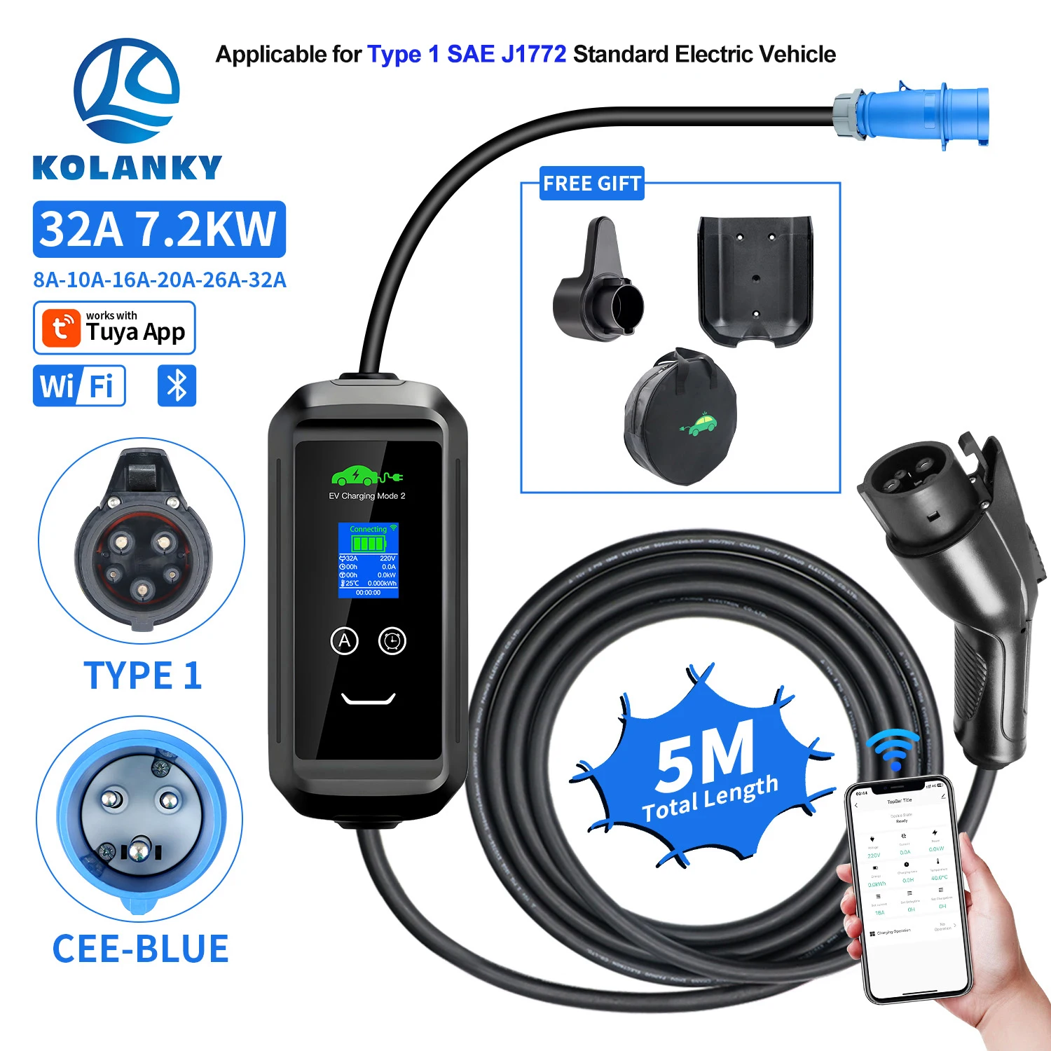 

Зарядное устройство для электромобилей типа 1, 7,2 кВт, 32 А, 1 P, портативное автомобильное зарядное устройство Wi-Fi Tuya, управление через приложение EVSE, зарядное устройство, зарядная станция для электромобиля