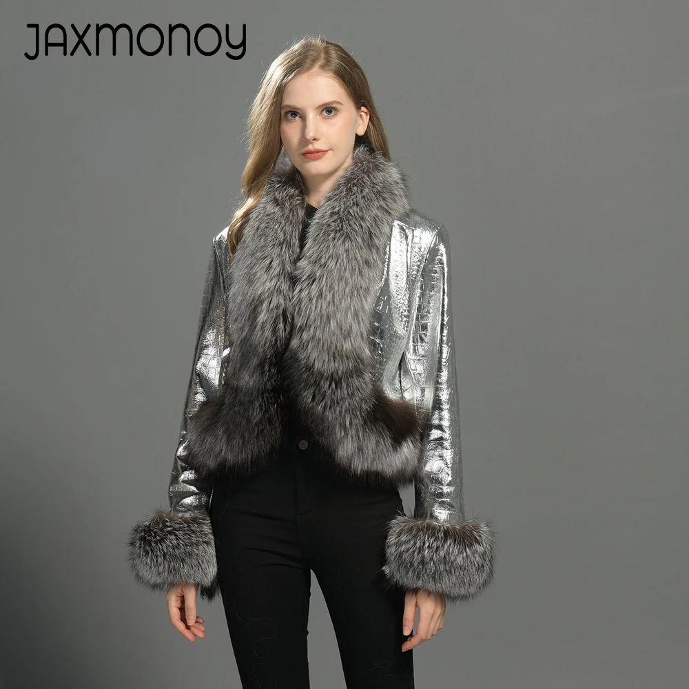 

Jaxmonoy Sheepskin Coat for Women Luxury Real Silver Fox Fur Trim Genuine Leather Jacket Ladies Autumn Winter Fashion Outerwear