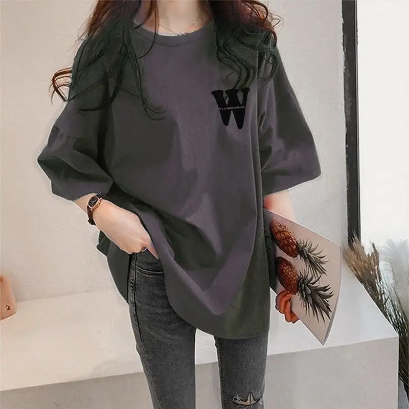 Casual Printing Letter Mid Length Version T-shirt Women Summer Classic Short Sleeve O-collar Korean Loose Cotton Lady Top