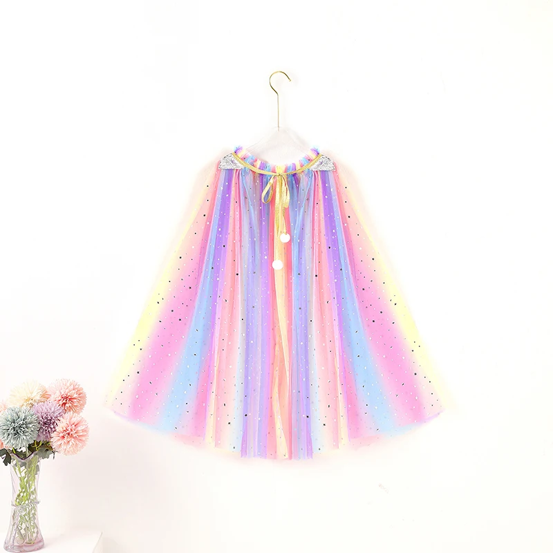 Girls Rainbow Sequin Princess Shawl Colorful Tulle Cape Cloak Child Fancy Dress Up Mantle Cosplay Halloween Costume Kids Clothes