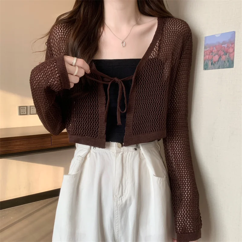 Summer Hollow Out Cardigan Women Full Sleeve Sweaters Shirts Lady Crop Tops Female Elastic Cardigans