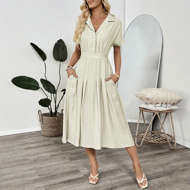 Lapel Waist Dress 2025 Summer Commuter Pocket Women's Shirt Dress