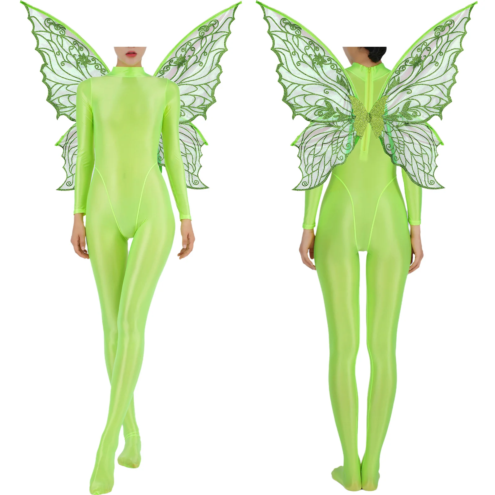 Fairy Elf Cosplay Jumpsuit Women Long Sleeve Tight Jumpsuit with Butterfly Fairy Gradient Wings Set for Party Raves Wear