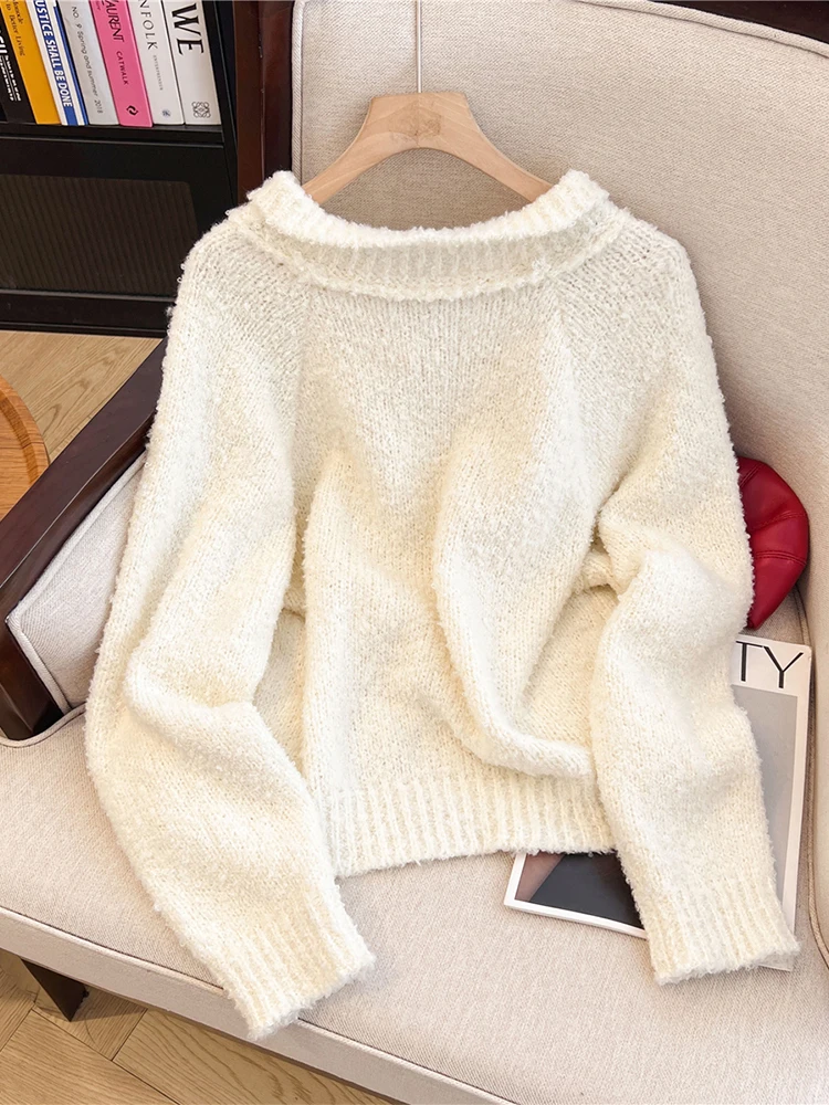 Women's White Cardigan Cashmere Sweater Harajuku Korean Y2k Long Sleeves Bow Sweaters Jumper Vintage 2000s Clothes Autumn 2024