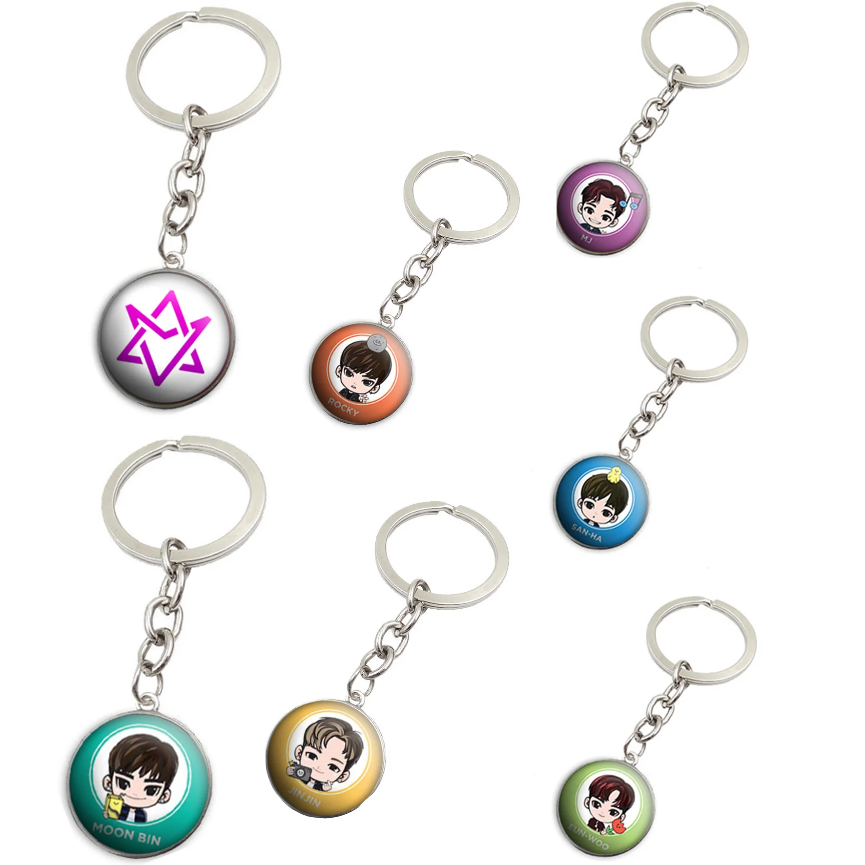 KPOP ASTRO Hexagram LOGO Round Metal Keychain MOONBIN EUNWOO Cartoon Image Keyring Pendant Bag Accessories Fans Collections