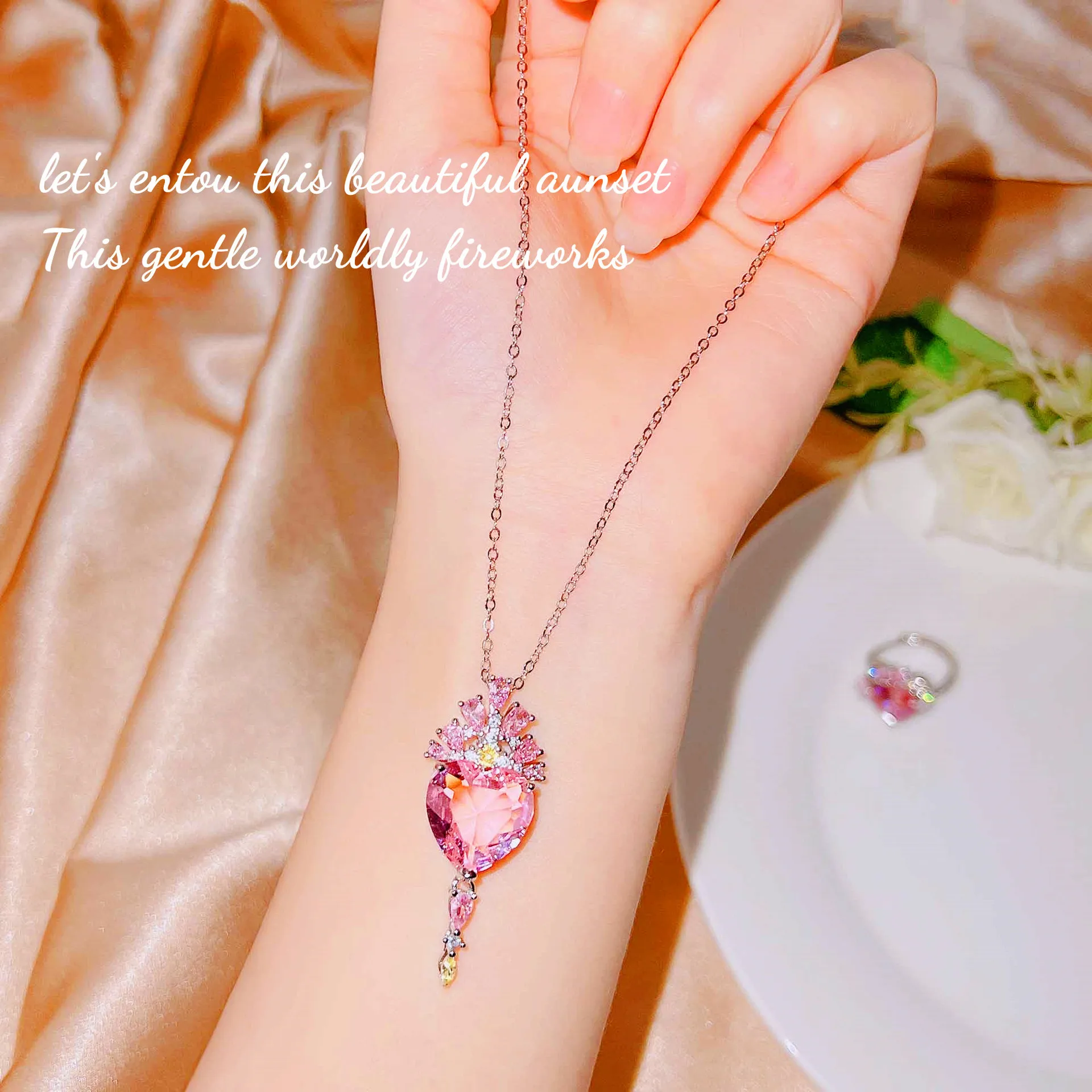 Romantic Women\'s Jewelry Sets 2022 Love Heart Shape Pink Rhinestone Crystal Pendant Necklaces Rings Birthday Gift For Girlfriend