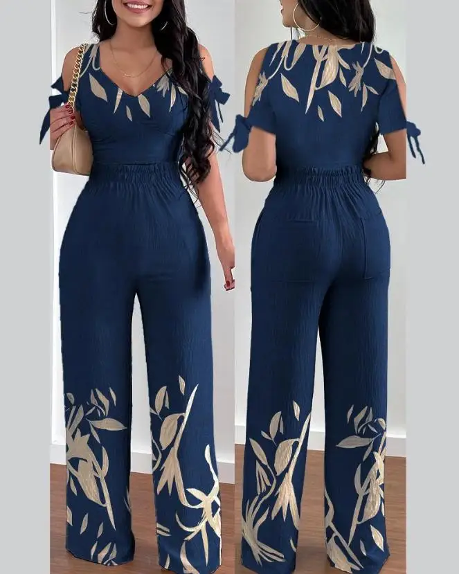 Two Peice Set Women Sets Elegant Tropical Print Shirred Crop Top High Waist Pants Set 2022 Summer Vacation Casual New Fashion