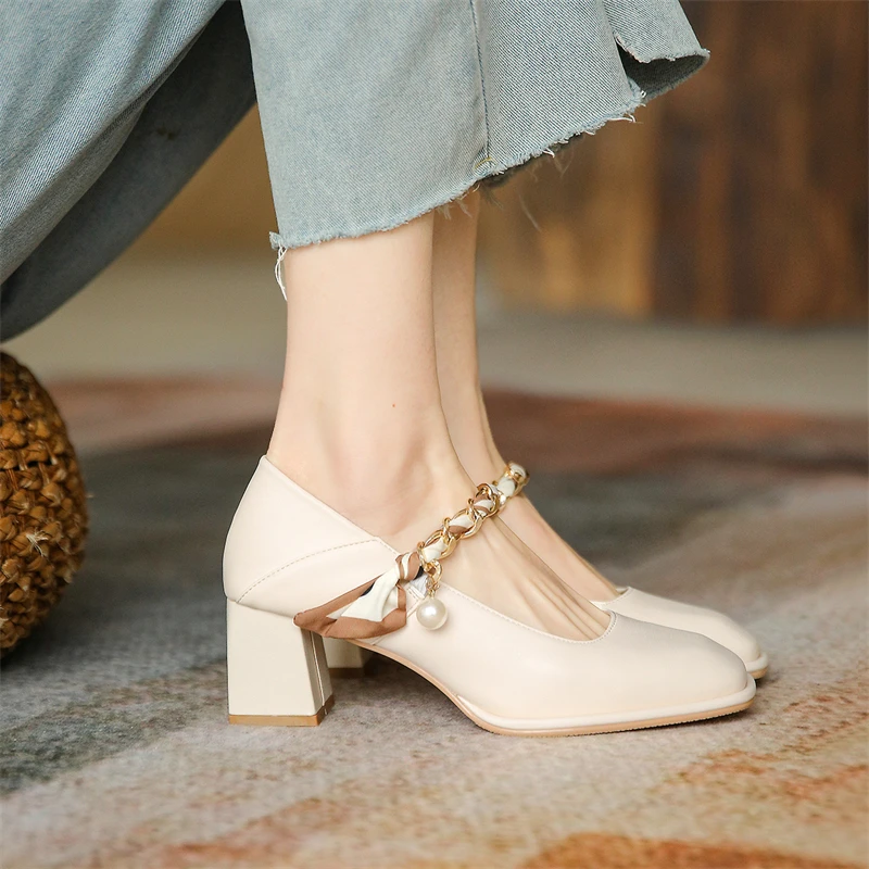 Fashion Genuine Leather Mary Jane Women's Chunky Heel New Chain Pearl Ribbon Style Lady Elegant Shoes