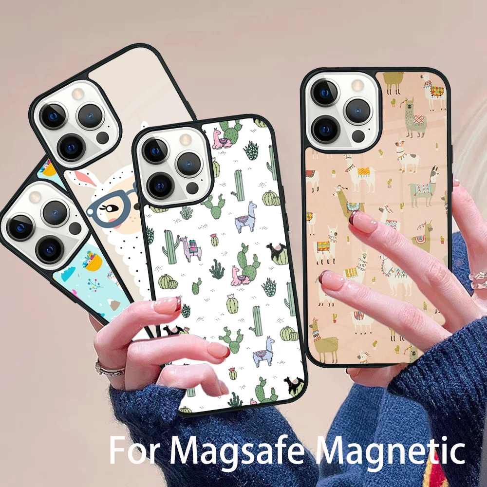 

Llama Alpaca pattern Phone Case Magesafe Magnetic Wireless Charge Cover For IPhone 16 11 12 13 14 15 Pro Max Plus Mini