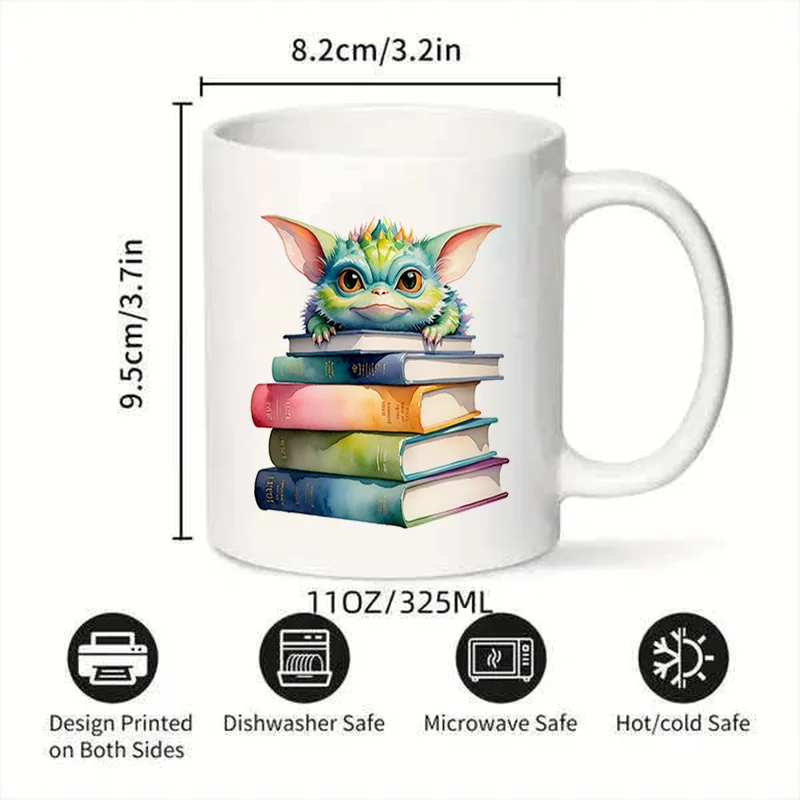 Cute Monster Stacked Books Colorful Print Ceramic Coffee Mug 11oz 350ml Personalized Custom Microwave Safe Cute Aesthetic Birthd