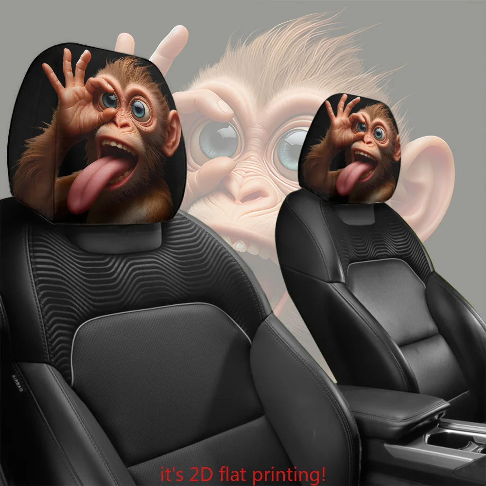 2Pc Open Eyes Monkey Car Headrest Cover Cute Printed No Padding Washable Universal Funny All Season Car Interior Decor