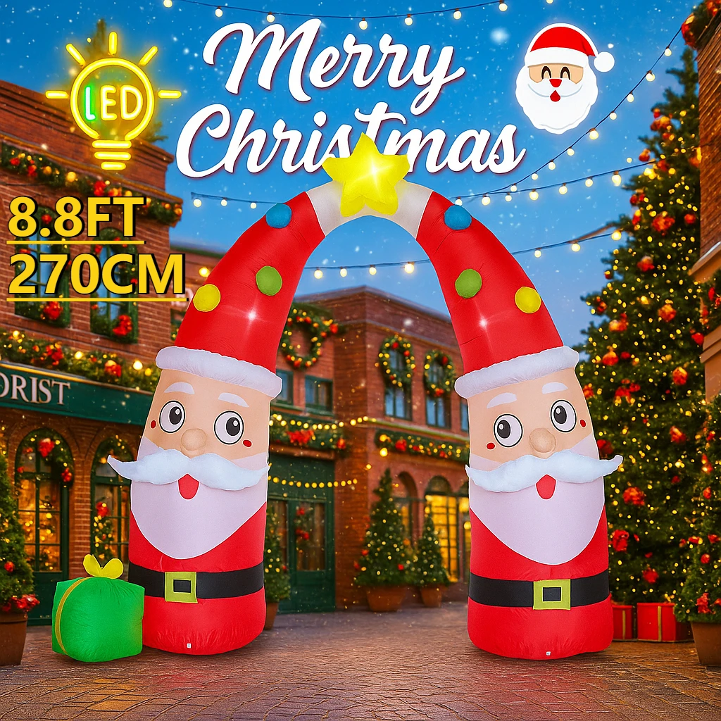 

8.8FT Inflatable Christmas Toys Santa Archway Decoration LED Star Boxes Double Santa Design Home Ornament Gift Xmas Yard Decor
