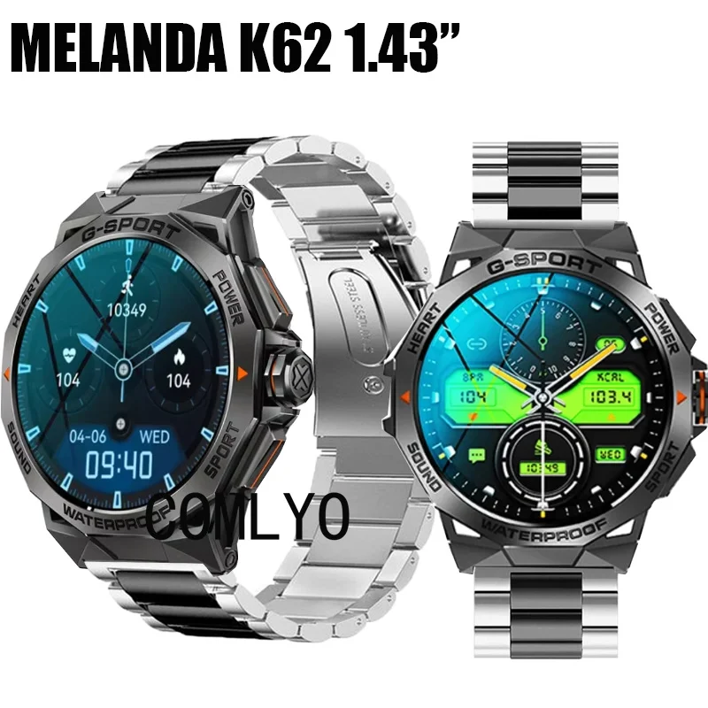 For MELANDA K62 1.43” Smart Watch Strap Metal Stainless Steel Adjustable Band Bracelet Luxurious Belt For Women men