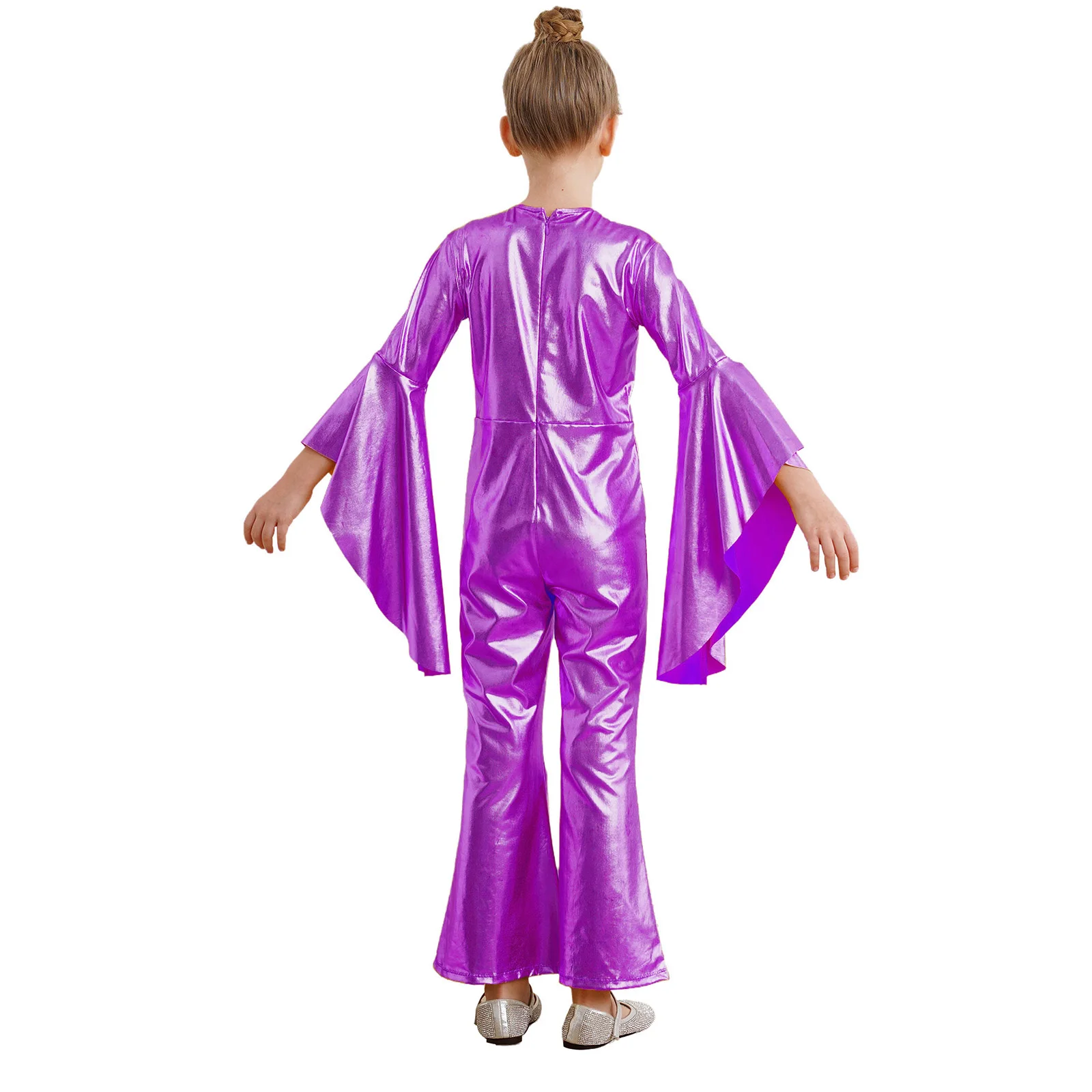 Kids Girls Metallic Bell-Bottom Jumpsuits Round Neck Flare Sleeve Rompers Disco Modern Jazz Dance Stage Performance Costume