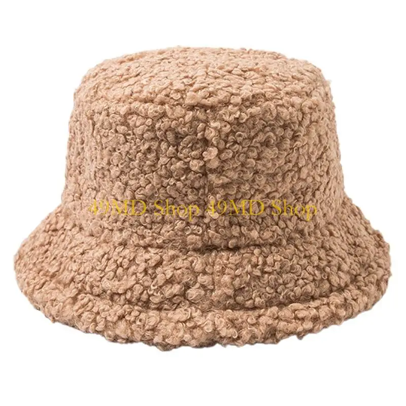 49MD Women Student Thicken Fuzzy Plush Bucket Hat Solid Color Casual Winter Warmer Round Flat Top Wide Brim Sunscreen Panama Cap