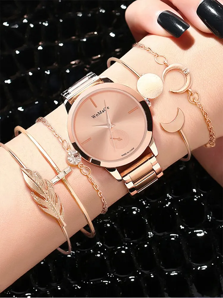 6pcs Women\'s Fashion Round Steel Band Quartz Watch+Bracelet Combination Set