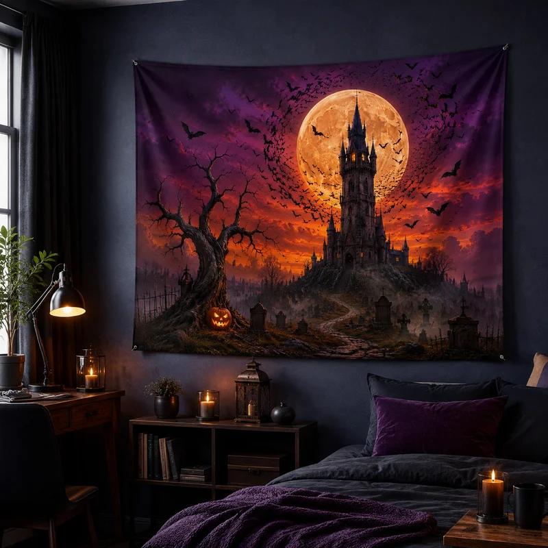 VIKAMA Magical Gothic Twilight Tapestry, Atmospheric Dark-Toned Printed Wall Hanging, Gothic Halloween Background Decoration