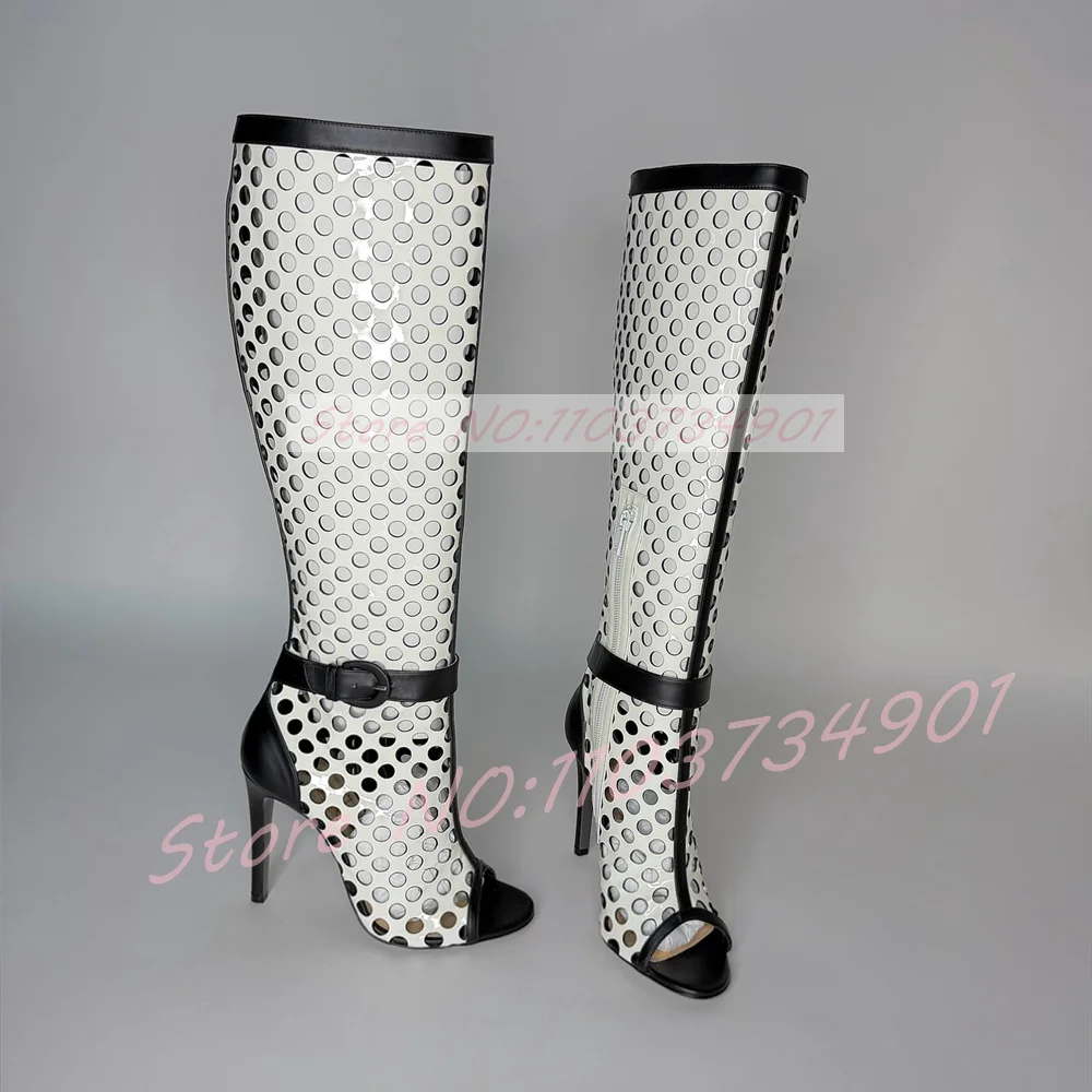 Round Cutout Peep Toe Knee High Boots Women See-through Mesh Color-Block Buckle Stiletto Heels Female Sexy Party Runway Sandals